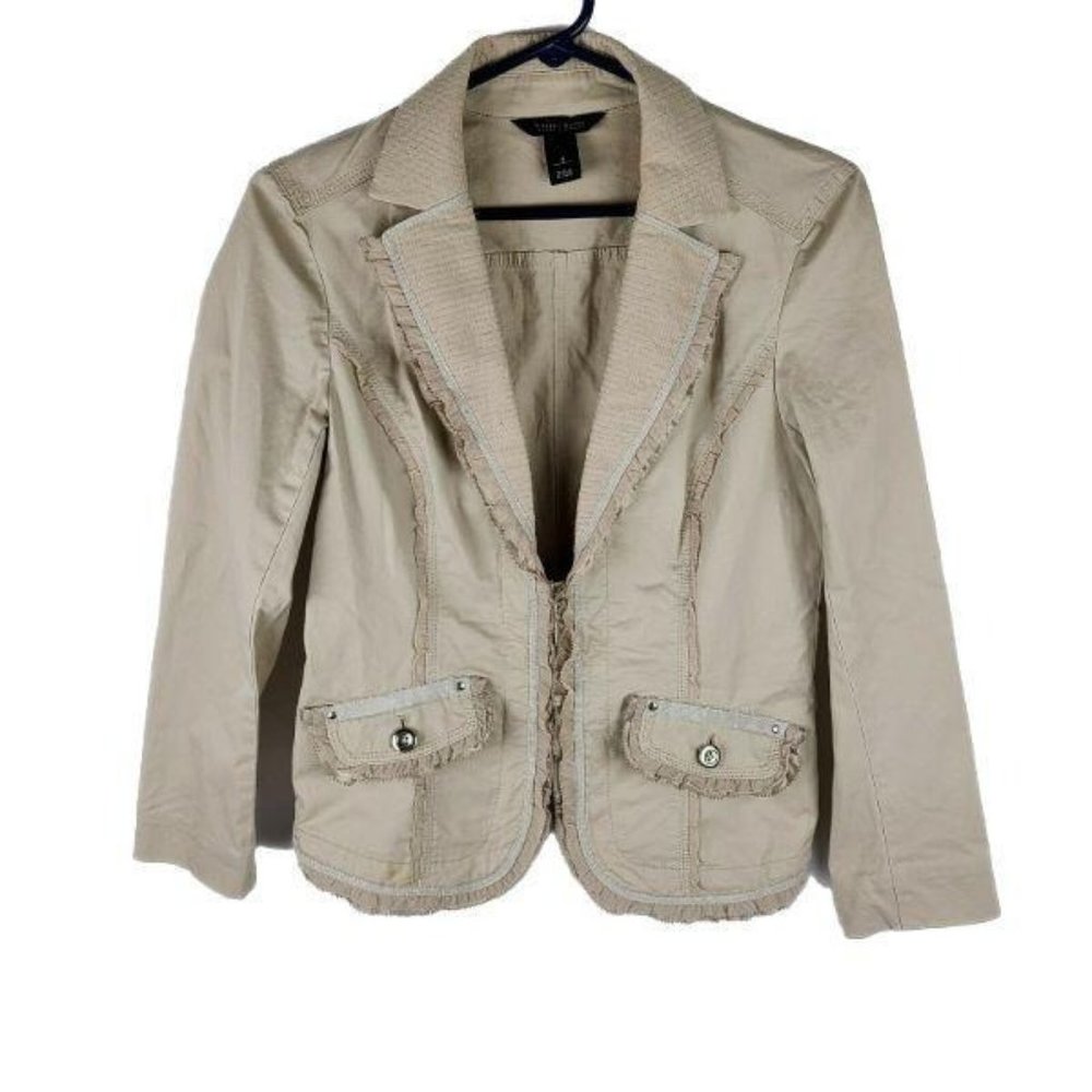 WHBM Blazer Womens Size 4 Frills Hook and Eye Pockets Beige Suit Jacket Career